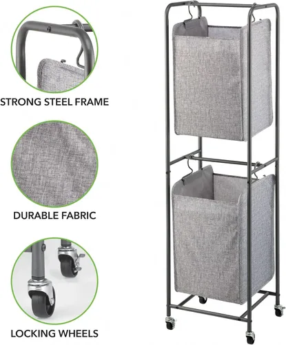 Miniatura 5 de mDesign Cesta vertical apilada para ropa sucia con ruedas, portátil, 2 bolsas extraíbles para organizar ropa, lavandería, luces, oscuridades, marco