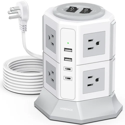 Miniatura 14 de Regleta de Protección contra Sobretensiones Torre Enchufe Plano con 12 Tomas de CA 3 Puertos USB (2 Tipo C), Cable de Extensión Ultra Plano de 6.5