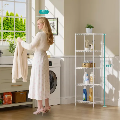 Miniatura 2 de SINGAYE Estante de almacenamiento con 5 estantes de alambre para armario, baño, despensa de metal, cocina, pequeña estantería de garaje, Blanco