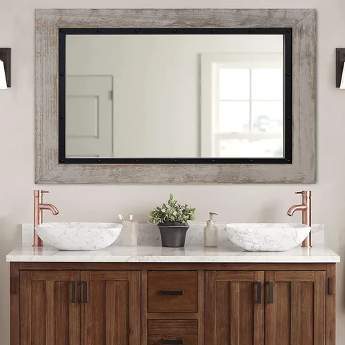 YOSHOOT Espejo de pared con marco de madera rústica, 32 x 24 pulgadas, espejo de tocador de baño de madera natural y hierro para decoración de