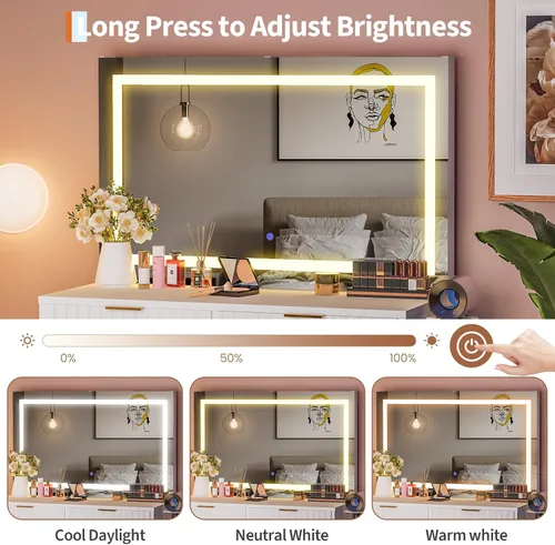 Miniatura 7 de Escritorio estriado con espejo y luces, tocador de maquillaje con 2 cajones, 3 modos de iluminación de brillo ajustable, tocador para dormitorio