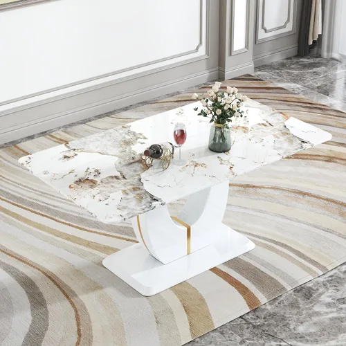 Miniatura 22 de JUFU Mesa de comedor de mármol sintético de 63 pulgadas para 4-6 personas, moderna mesa rectangular de cocina y comedor, mesa de MDF de aspecto