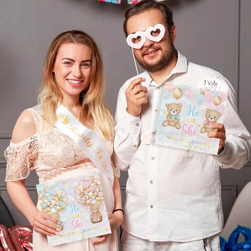 Miniatura 2 de Decoraciones de revelación de género con oso de peluche, servilletas temáticas de oso rosa y azul para baby shower de 40 piezas ¿Será niño o niña?
