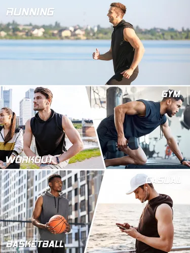 Miniatura 6 de Paquete de 3 sudaderas sin mangas para hombre, de secado rápido, con capucha, para correr, gimnasio, muscular, camisetas sin mangas