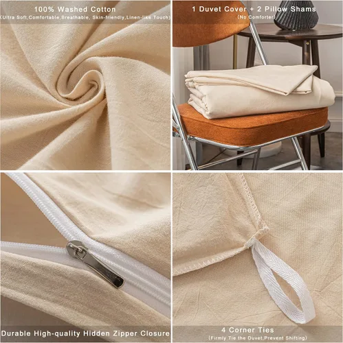 Miniatura 6 de Janlive Funda de Edredón de Algodón Lavado Twin Ultra Suave 100% Algodón Color Sólido Beige Juego de Funda de Edredón con Cierre de Cremallera - 2