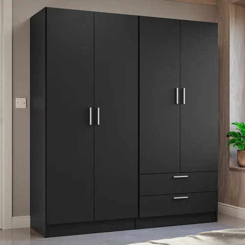 Madesa Juego de armario de 4 puertas y 2 cajones, armario de almacenamiento para dormitorio, con estantes y espacio para colgar, 63 pulgadas de Negro