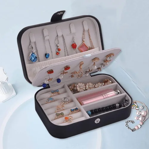 Miniatura 5 de Organizador de joyas, organizador de joyas de viaje, de piel sintética, portátil, caja de almacenamiento de joyas para mujeres y niñas, aretes
