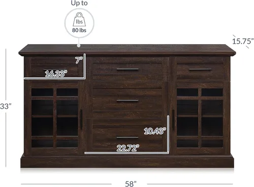 Miniatura 2 de BELLEZE Astorga - Mesa consola de buffet, mueble multimedia versátil con cajones y estantes ajustables, 58 pulgadas, color café expreso