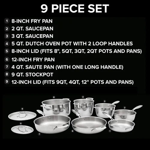 Miniatura 2 de Nuwave Juego de utensilios de cocina profesionales de acero inoxidable de 9 piezas, diseño anestable que ahorra espacio, triple capa resistente