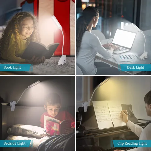 Miniatura 6 de Luz de lectura LED con clip, luces de libro recargables USB, protección ocular de 24 LED, lámpara de cama de noche de cuello flexible, control Blanco