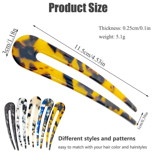 Miniatura 2 de 5 horquillas de pelo francés, horquillas de pelo en forma de U para cabello fino y grueso, 4.5 pulgadas de acetato de celulosa en forma de U