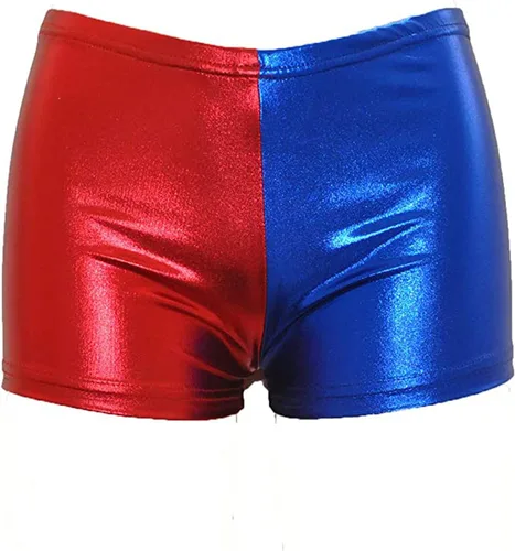 Loxdonz Pantalones cortos metálicos para mujer, pantalones brillantes, color rojo y azul, pantalones cortos de baile