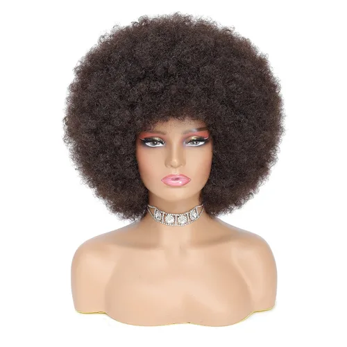Peluca rizada afro de los años 70 para mujer, marrón oscuro, fibras sintéticas, suave, flexible, sin desprendimiento, correas ajustables Marrón/Negro
