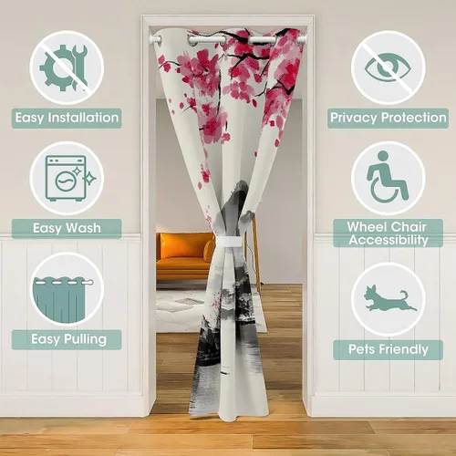 Miniatura 3 de Cortina de puerta de estilo japonés para privacidad de puerta, tratamiento de ventana japonés Ukiyoe para decoración del hogar, sala de estar, flor
