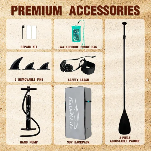 Miniatura 5 de FEATH-R-LITE Tabla de remo inflable para adultos SUP con bomba de accesorios premium, pala ajustable, correa, tres aletas, mochila
