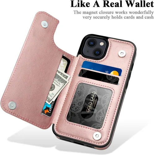Miniatura 2 de MMHUO Funda para iPhone 14 con tarjetero y parte trasera magnética de flores para iPhone 14, funda protectora para iPhone 14, color oro rosa