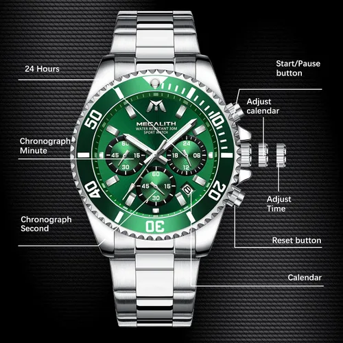 Miniatura 6 de MEGALITH Relojes para hombre, de acero inoxidable, resistente al agua, analógico, de cuarzo, moderno, de negocios, cronógrafo, con fecha automática