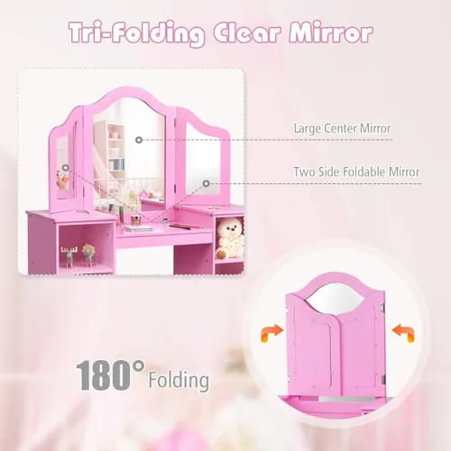 Miniatura 4 de MAT EXPERT Juego de mesa de tocador para niños con espejo de tres pliegues, tocador de juego de simulación con 4 estantes de almacenamiento, tocador