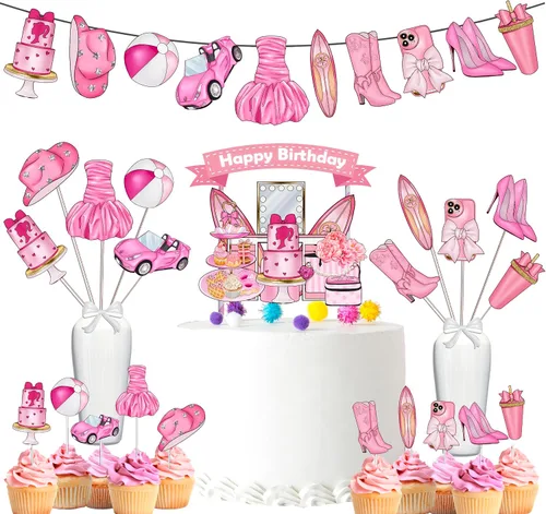 Juego de suministros para fiesta de cumpleaños de muñecas, decoraciones temáticas de muñecas con decoración de pastel, pancarta, adornos para