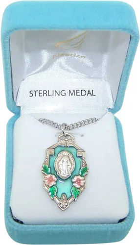 Miniatura 2 de Colgante de medalla milagrosa de plata de ley con esmalte azul, 1 15 pulgadas, Sterling