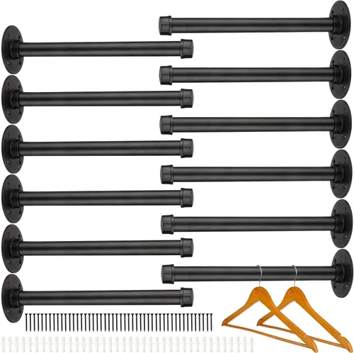 Hoteam Juego de 12 soportes industriales para estantes de tubería de hierro negro, montaje en pared, estantes rústicos, soportes colgantes para