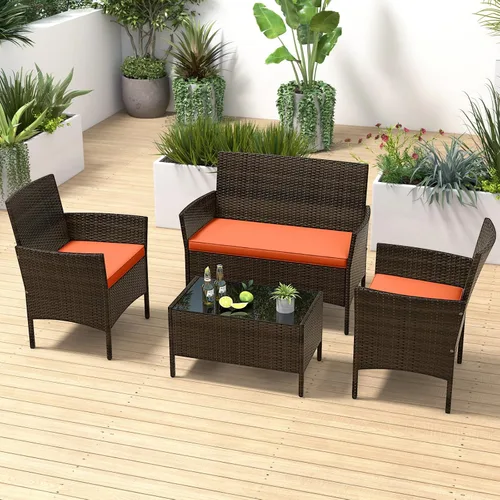 Miniatura 2 de RELAX4LIFE Juego de muebles de patio de 4 piezas – Juego de muebles de ratán para conversación al aire libre con cojines, mesa de centro de cristal