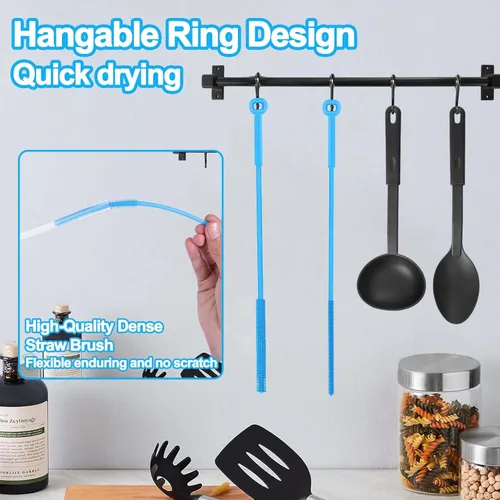 Miniatura 5 de XANGNIER Cepillo limpiador de pajitas de silicona, 2 cepillos reutilizables extra largos para limpiar popotes de plástico de metal, acero
