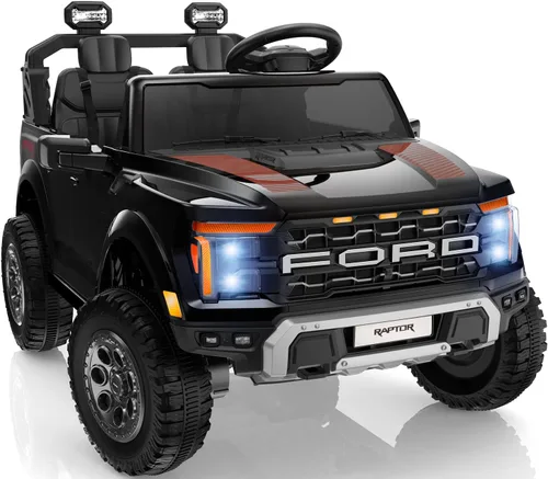 First Ride On Juguetes de paseo de 24V para niños grandes, Ford F-150 Raptor con licencia de 2 asientos, auto de paseo para niños con control Negro