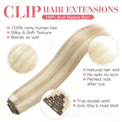 Miniatura 4 de 8Pcs Clip in Hair Extensions Real Human Hair, 140G 18 Inch Ash Blonde Mix Bleach Blonde 18P613
