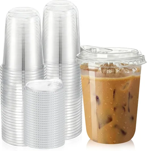Paquete de 50 vasos de plástico transparente con tapas para sorber – Tazas de café helado de 16 onzas con tapas sin pajilla, desechables de fondo