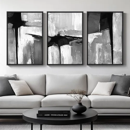Miniatura 26 de Arte abstracto neutro en blanco y negro para sala de estar, 3 cuadros de impresiones en lienzo, para paredes, imágenes geométricas minimalistas