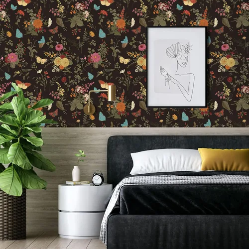 Miniatura 5 de VEELIKE Papel pintado de caléndulas oscuras, mariposas negras vintage, 17.7 x 118 pulgadas, mural de pared floral extraíble, papel de contacto