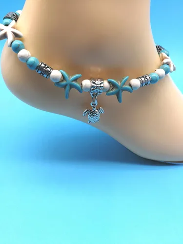 Miniatura 3 de Insaney - Tobillera con colgante de estrella de mar y perlas de color turquesa.