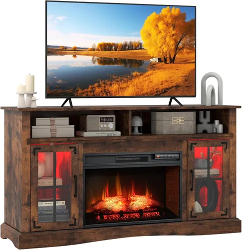 Miniatura 17 de Tangkula - Soporte de TV de esquina con chimenea y luces LED y control inteligente por APP para TV de 50 pulgadas, centro de entretenimiento con Gris