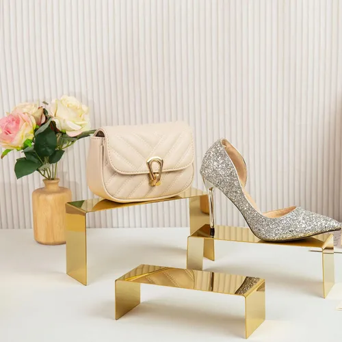 Miniatura 7 de Soporte de Exhibición para Bolsos, 3 piezas Soportes de Exhibición Elevadores Dorados de Acero Inoxidable, Resistente 22lb Soporte de Encimera