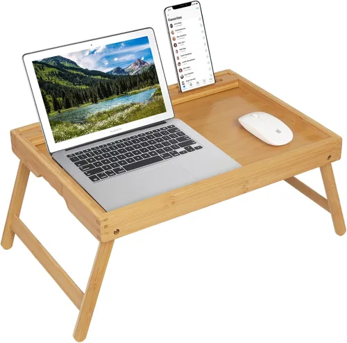 Miniatura 11 de Bandeja para la cama con asas y patas plegables, bandeja de desayuno de bambú con ranura para medios, uso como plato, escritorio para laptop, Negro