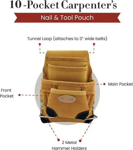 Miniatura 3 de Style n Craft Bolsa de herramientas y uñas de carpintero de 10 bolsillos, bolsa de herramientas de cuero resistente, bolsa de cuero de grano Amarillo