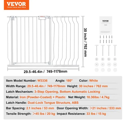 Miniatura 7 de VEVOR - Puerta de bebé extra ancha de 29.5-46" para escaleras, puerta de cierre automático para perros para la casa, puertas para mascotas de fácil