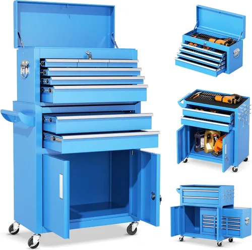 Miniatura 19 de INTERGREAT Baúl rodante para herramientas de 8 cajones, baúl para herramientas ensamblado con ruedas, caja de herramientas superior desmontable