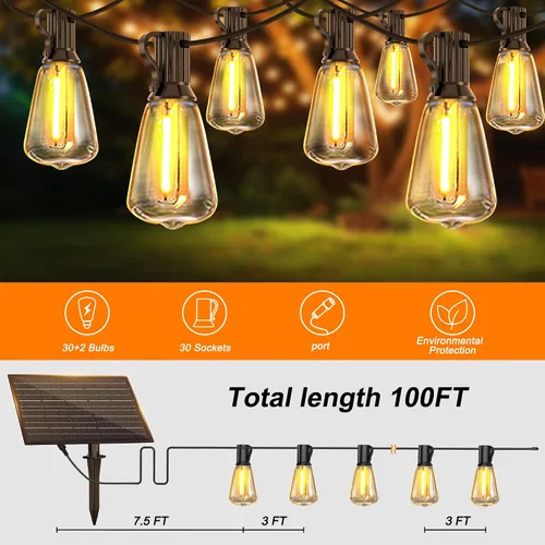 Miniatura 3 de BLIATLUS Guirnalda de luces solares superbrillantes de 100 pies para exteriores, impermeable, con control remoto, 30+2 bombillas LED ST38