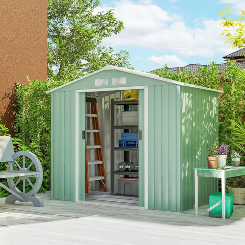 Miniatura 25 de Outsunny Cobertizo de almacenamiento exterior de 11' x 13', cobertizo de metal para herramientas de jardín con kit de cimentación, puerta con doble