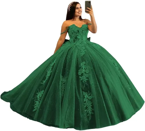 Mauuwy Vestidos de quinceañera con hombros descubiertos, vestido de baile de tul hinchado, dulce 16, vestidos largos de encaje brillante Y89