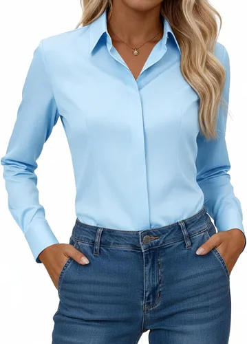 Miniatura 15 de Gleeivy Camisa con botones para mujer, solapa con botones ocultos, ligera, transpirable, resistente a las manchas, manga larga, trabajo e informal