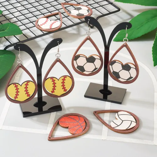 Miniatura 3 de Juego de 20 piezas de aretes de bola deportiva para fútbol, baloncesto, rugby, dijes de madera, 5 estilos, aretes de bola deportiva con ganchos