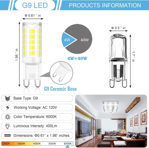 Miniatura 3 de Winshine - Bombilla LED G9 doble clavija, bombillas T4 G9 de luz diurna de 6000 K para candelabros, 4 W (equivalente halógeno de 40 W), ángulo