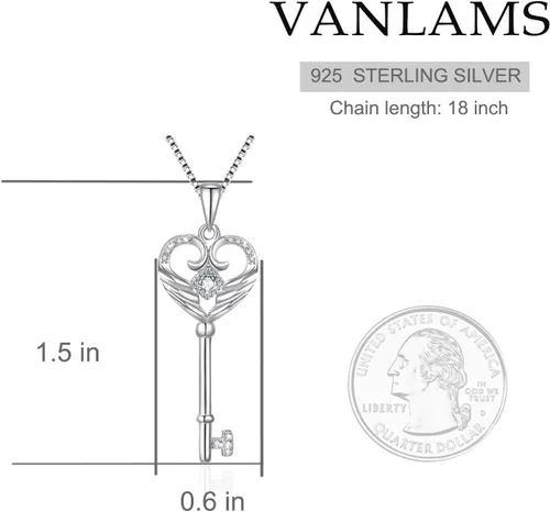 Miniatura 9 de VANLAMS Collar de alas de ángel de plata esterlina S925 para mujer, colgante de corazón de amor con llave de mariposa, regalos de cumpleaños