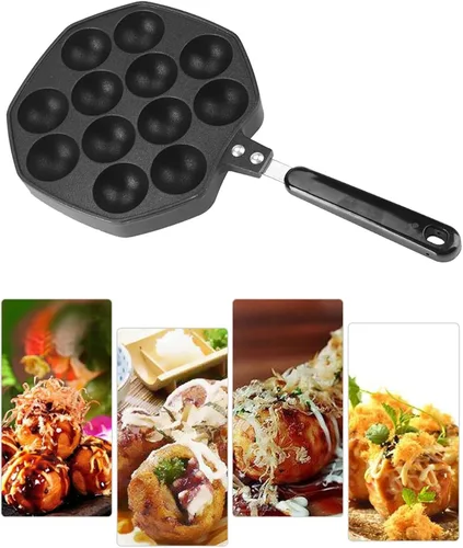 Takoyaki - Sartén para parrilla, 12 agujeros de aluminio antiadherente Takoyaki Maker 12 pulpos rellenos para panqueques horneados, herramientas de