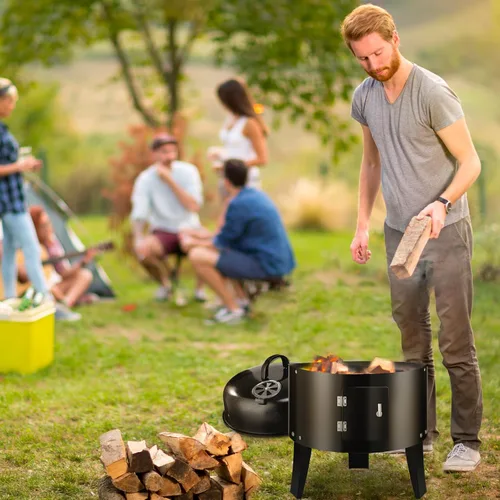 Miniatura 5 de Parrilla vertical redonda de carbón de 19 pulgadas, ahumador de barbacoa de alta resistencia para ahumar al aire libre, pellets de múltiples capas
