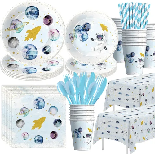 Suministros de fiesta temática espacial para niños, decoración de fiesta de astronautas del espacio exterior galaxia, planeta y planeta para