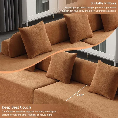 Miniatura 3 de Sofá modular curvado de 130.5 pulgadas para sala de estar, sofá de espuma sin hueso de 4 plazas con 3 almohadas, sofás de compresión para Marrón